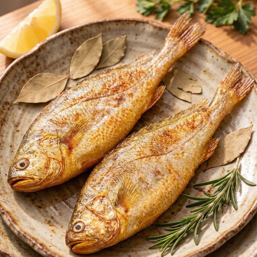 Two whole yellow croakers plated side by side