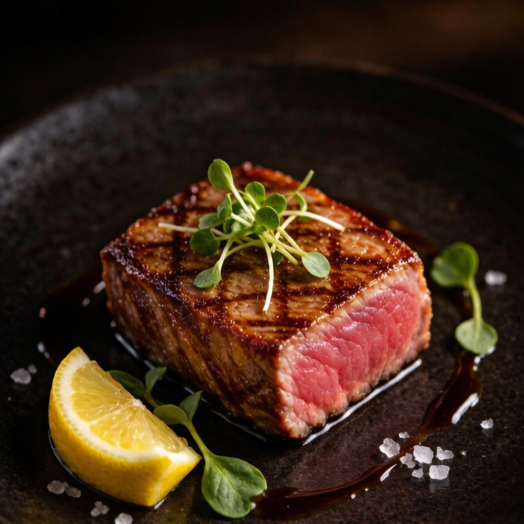 Seared tuna block sliced to show the rare centre