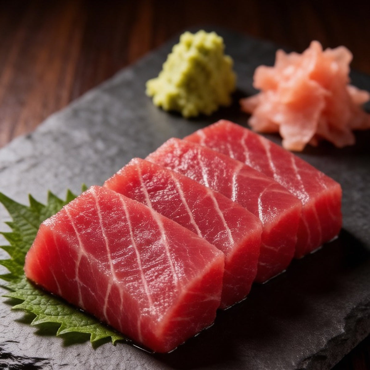 Row of thick-cut tuna slices fanned on a slate board