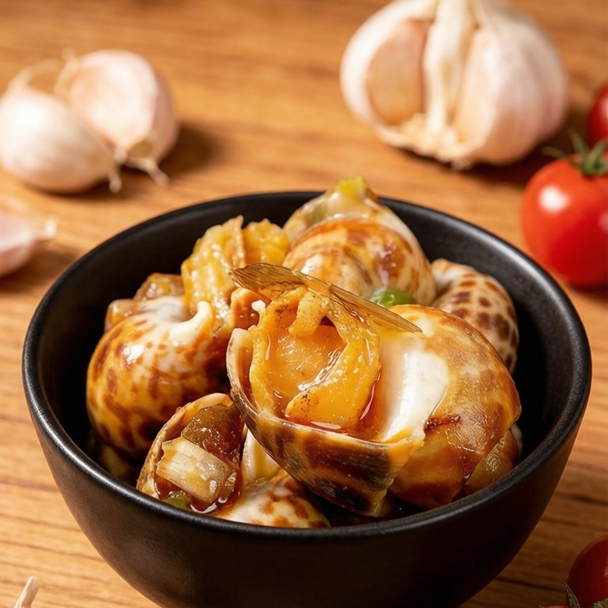 Steamed snail bowl garnished with garlic and spring onion